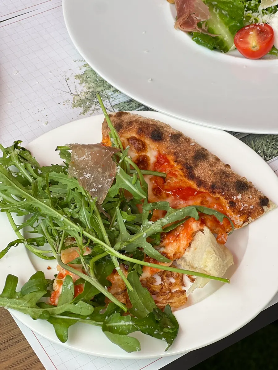Close-up of a pizza slice piled high with rocket