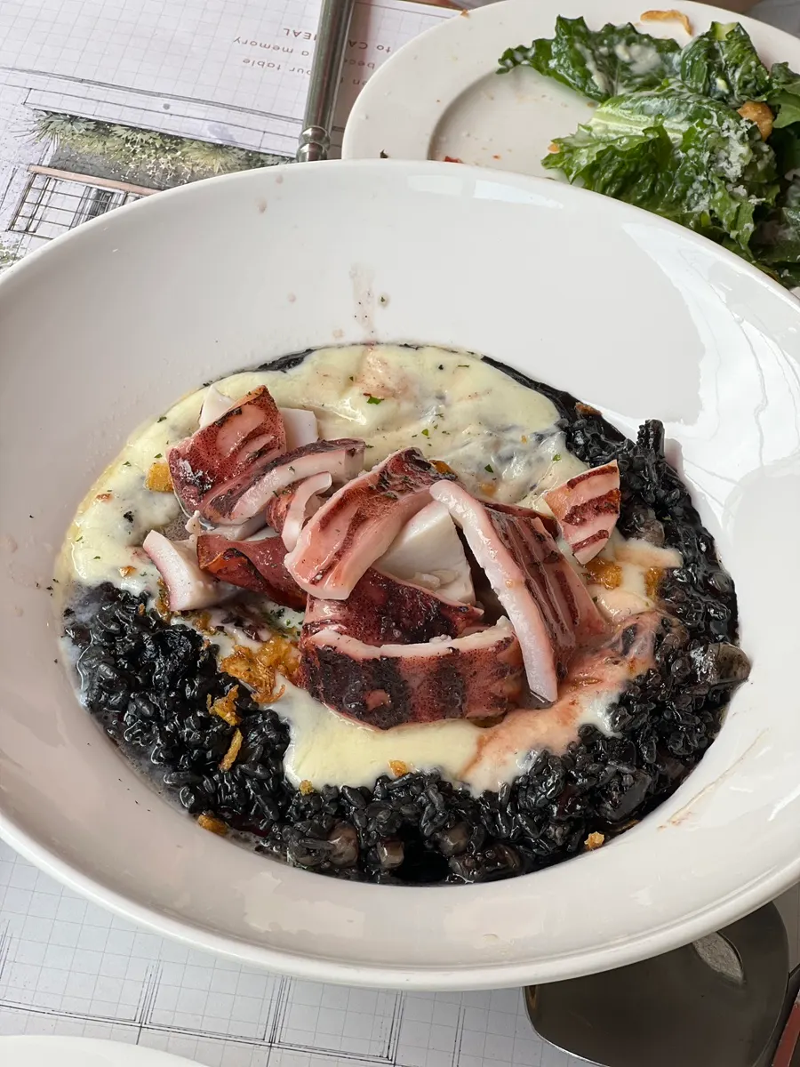 Whole squid ink risotto topped with squid