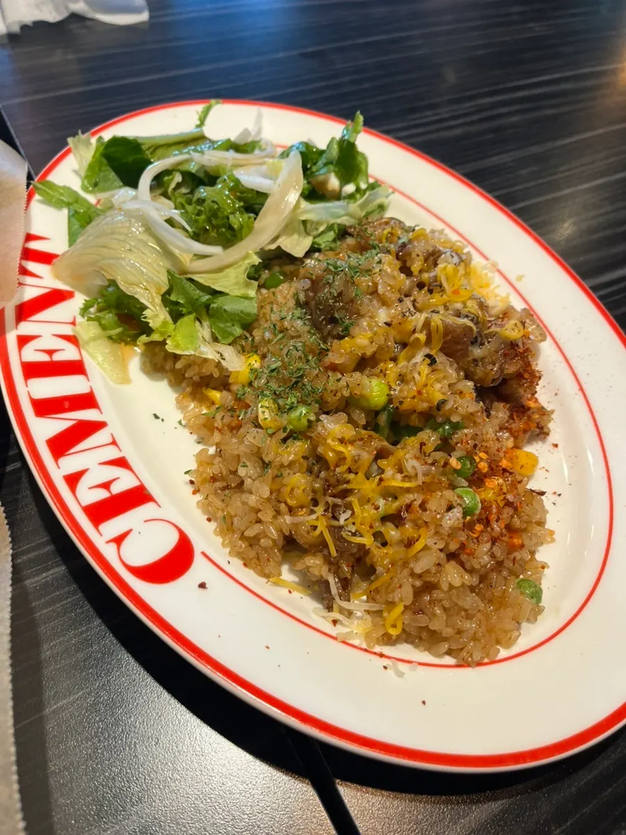 Close-up of the pilaf showing woo samgyeop and fluffy rice grains