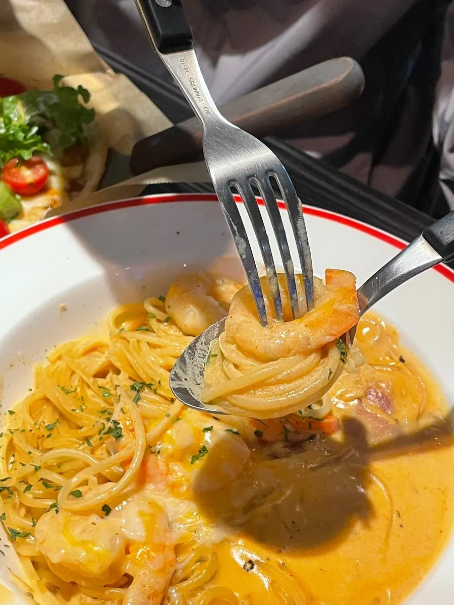 Close-up of plump shrimp on the Toowoomba pasta