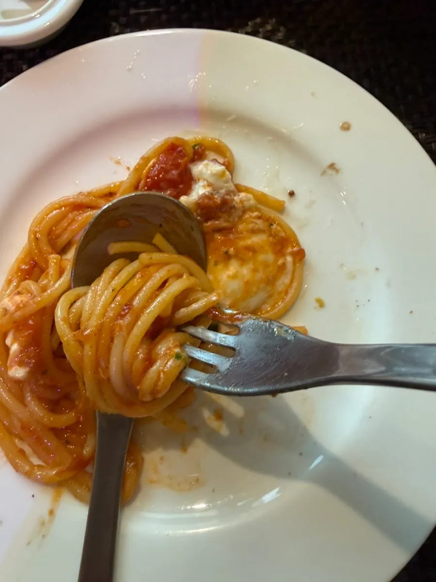 토마토 소스가 밴 스파게티 면 클로즈업