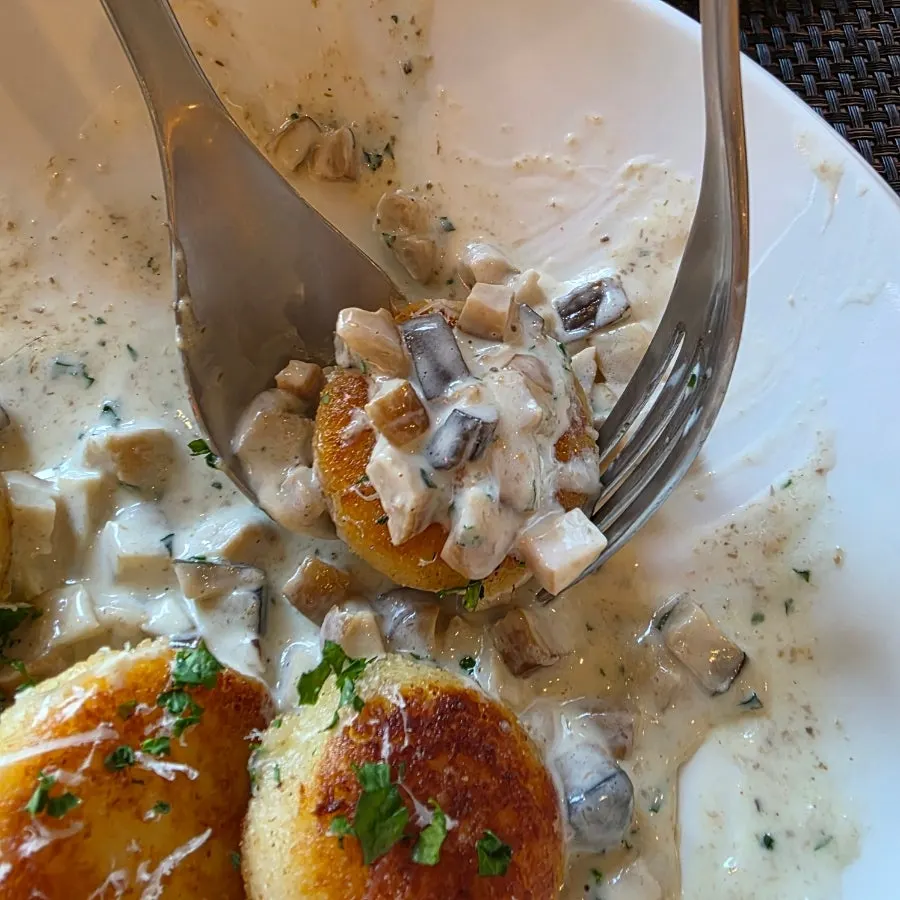 A forkful of mushroom cream gnocchi