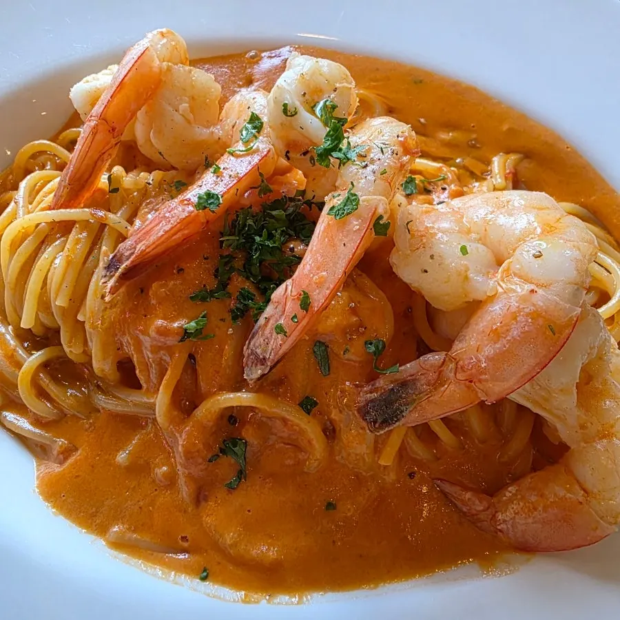 Close-up of the noodles and rosé sauce in the shrimp pasta