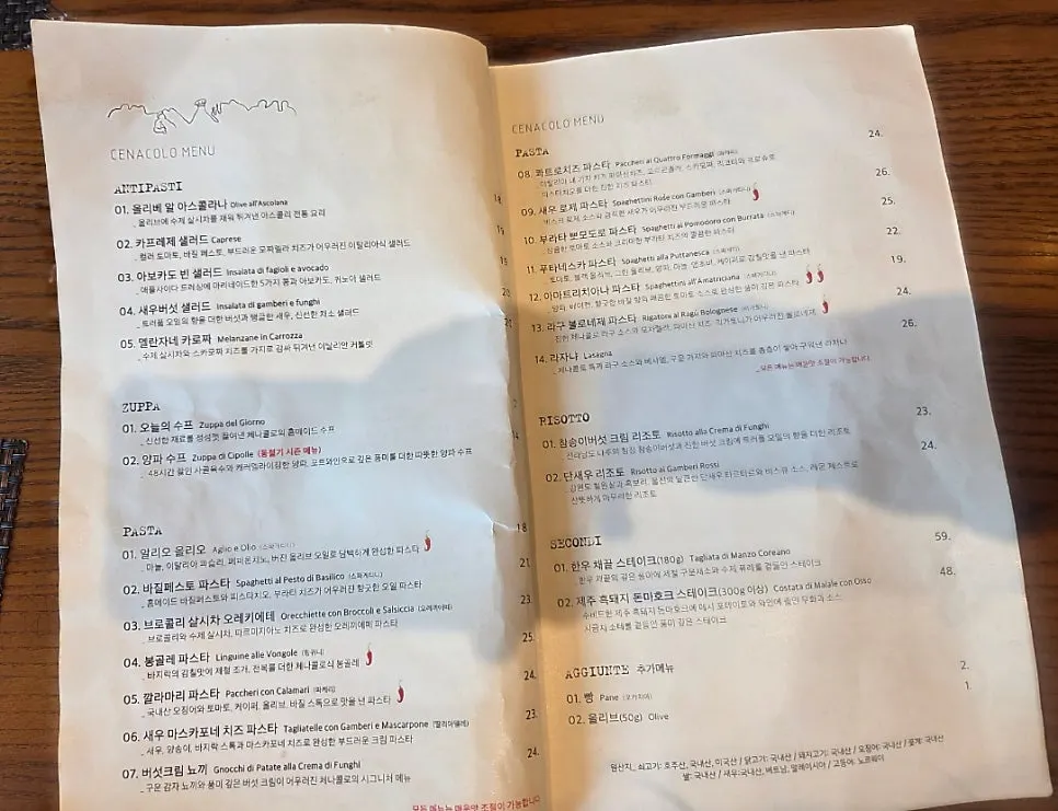 Pasta section of the Cenacolo menu