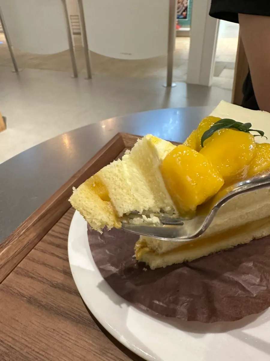 포크로 잘라 먹는 망고케이크