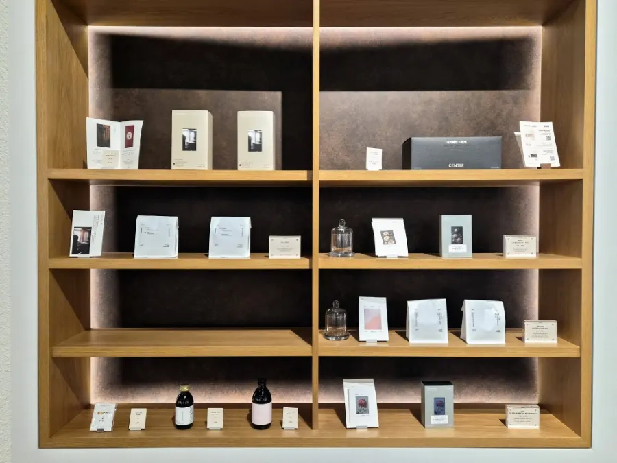 Display of specialty coffee beans at Center Coffee