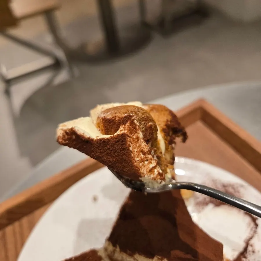 A spoonful taken from the tiramisu sponge