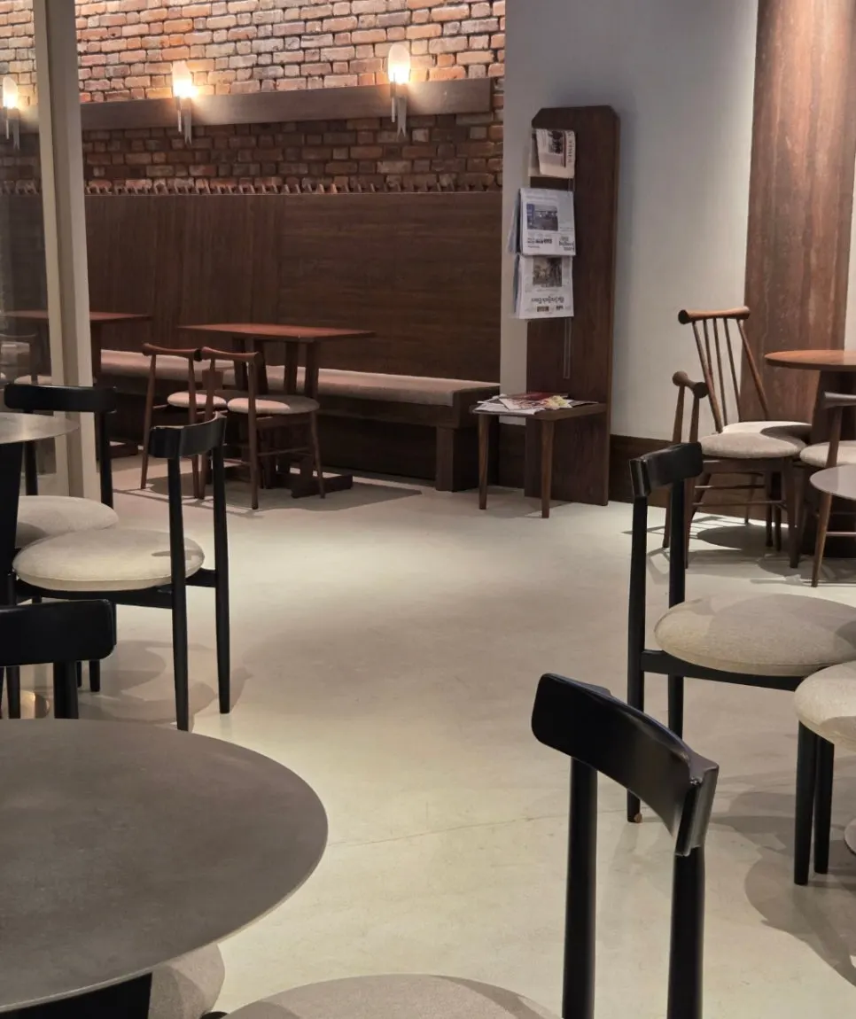 The narrow, elongated interior of Center Coffee Gwanghwamun