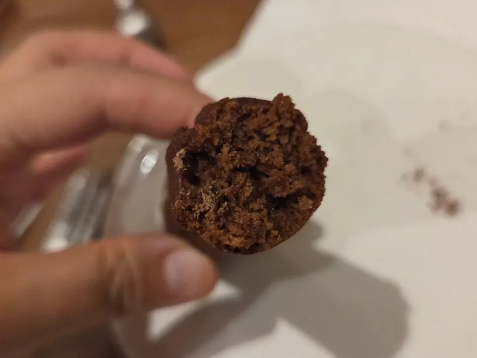 Cross-section of the dark choco bar financier studded with chocolate