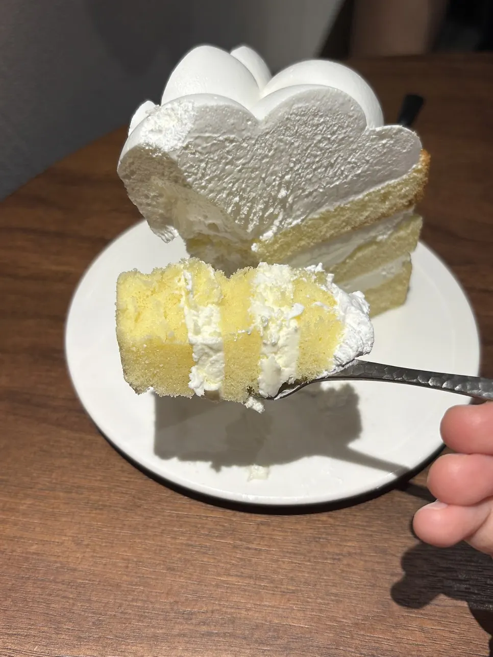 한 입 크기로 자른 생크림 케이크 단면