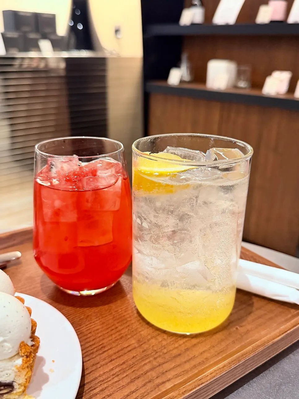 Pear lemonade and red cordial drinks