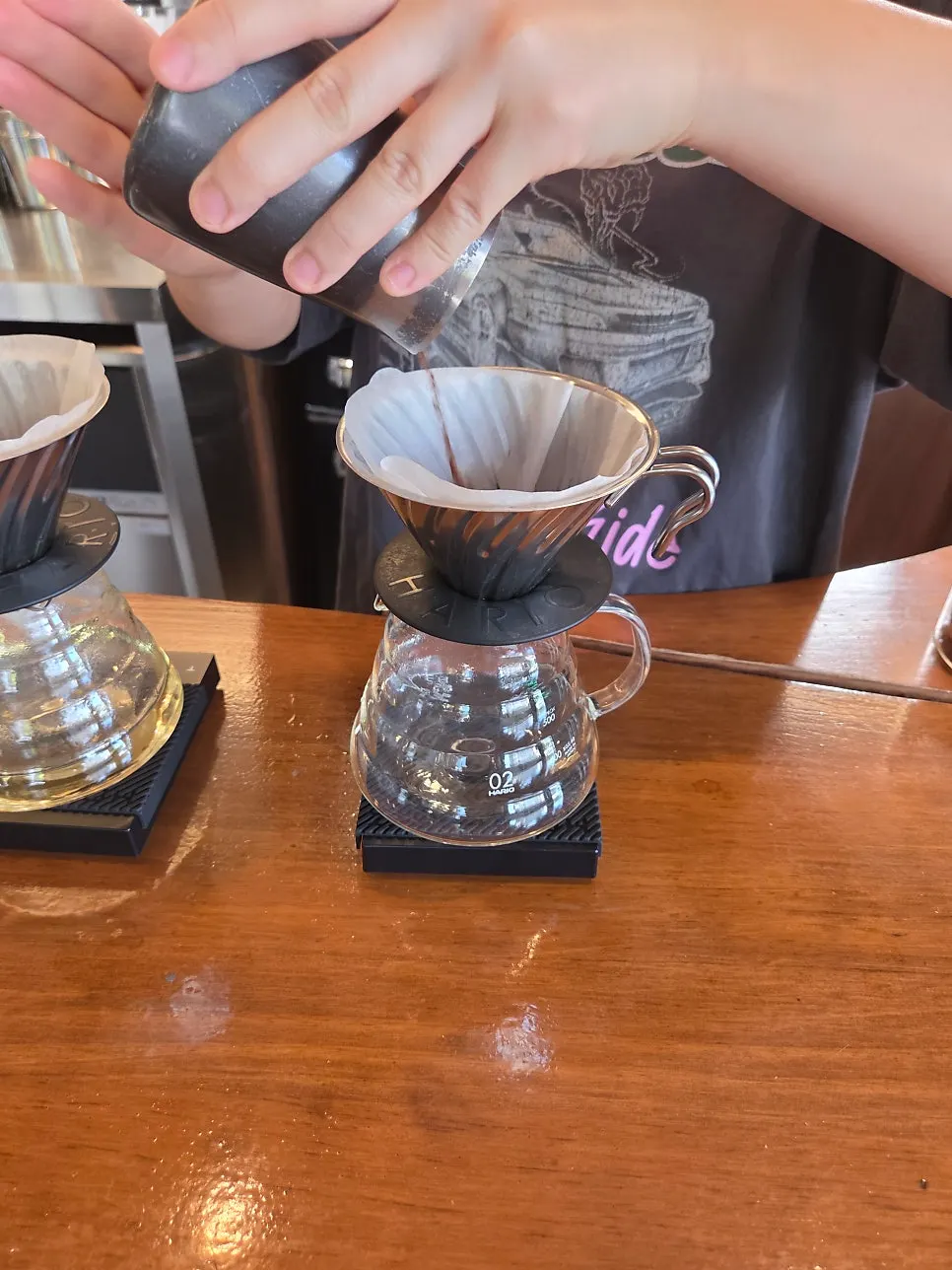 Careful water pouring during the hand-drip process