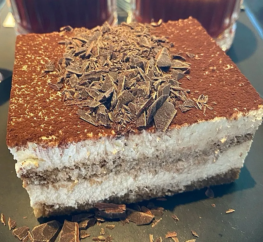 Classic Tiramisu topped with grated chocolate