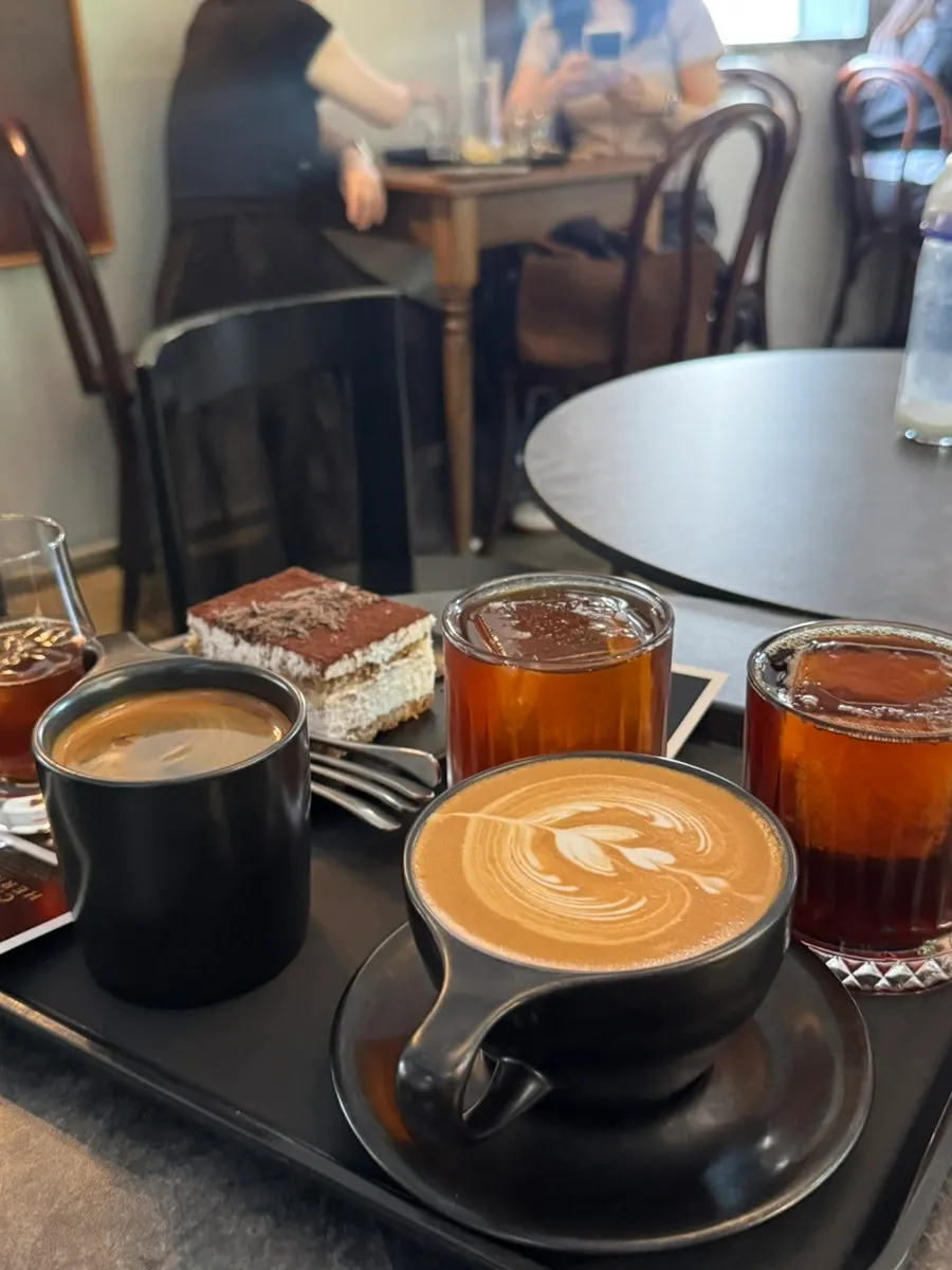A spread of hand-drip coffee and tiramisu