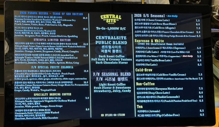 Menu board listing the drip coffee bean options