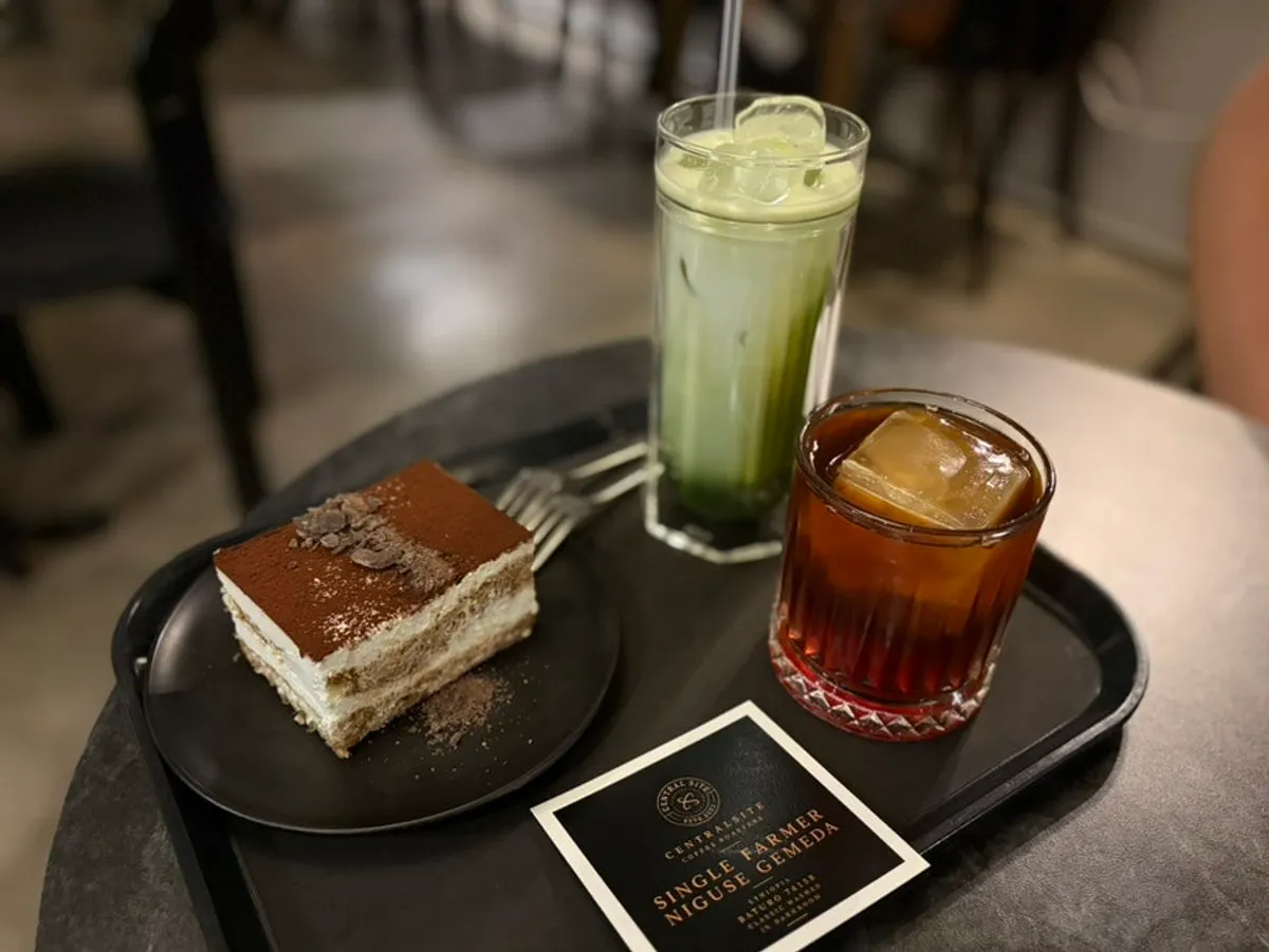 Table set with hand-drip coffee and tiramisu together