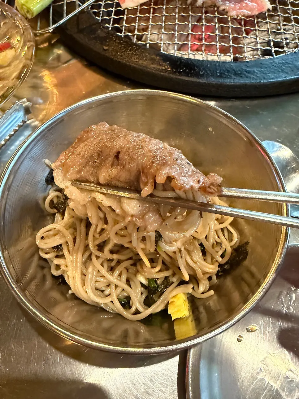 A mixed forkful of perilla oil buckwheat noodles