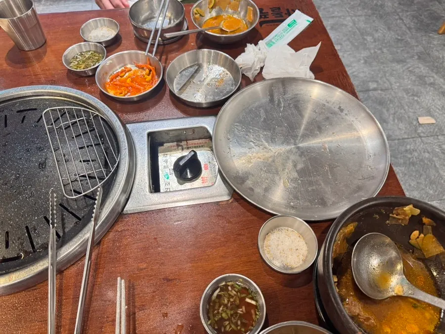Empty bowls of woo samgyeop and stew, cleaned out