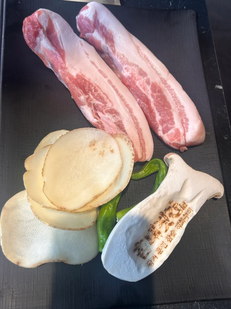 Pork aging on display in the restaurant