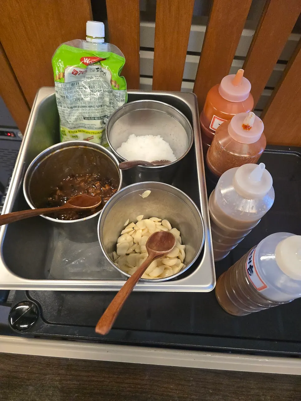 Self-service bar and supplies area at the BBQ restaurant
