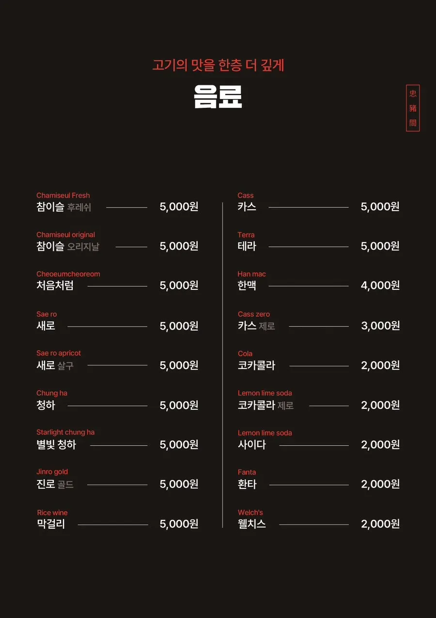 Meal and drink menu information