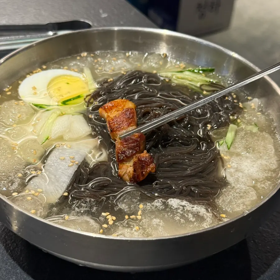 Jirisan kalchi cold noodles piled with slushy ice