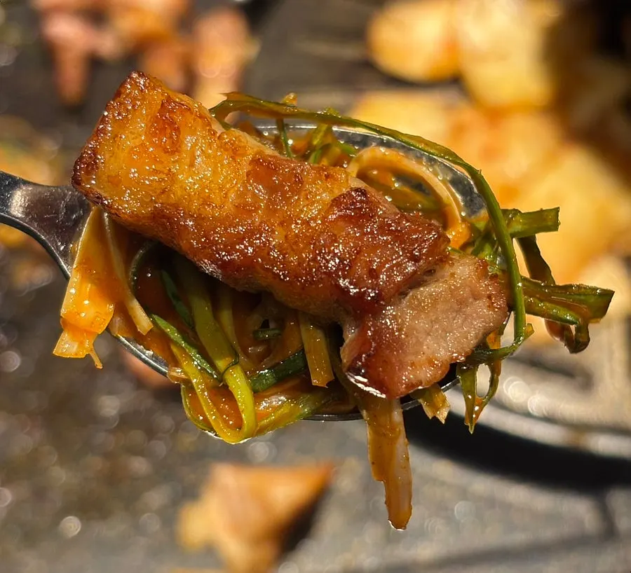Grilled pork belly topped with mushroom wasabi