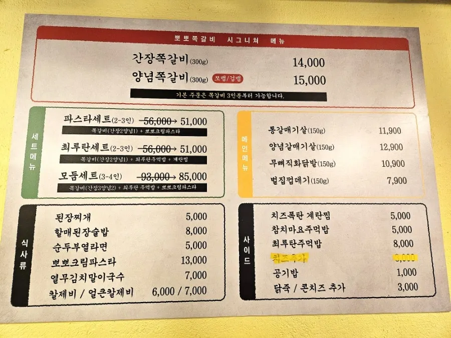 Menu board at Champpoppo Jjokgalbi Hapjeong Branch