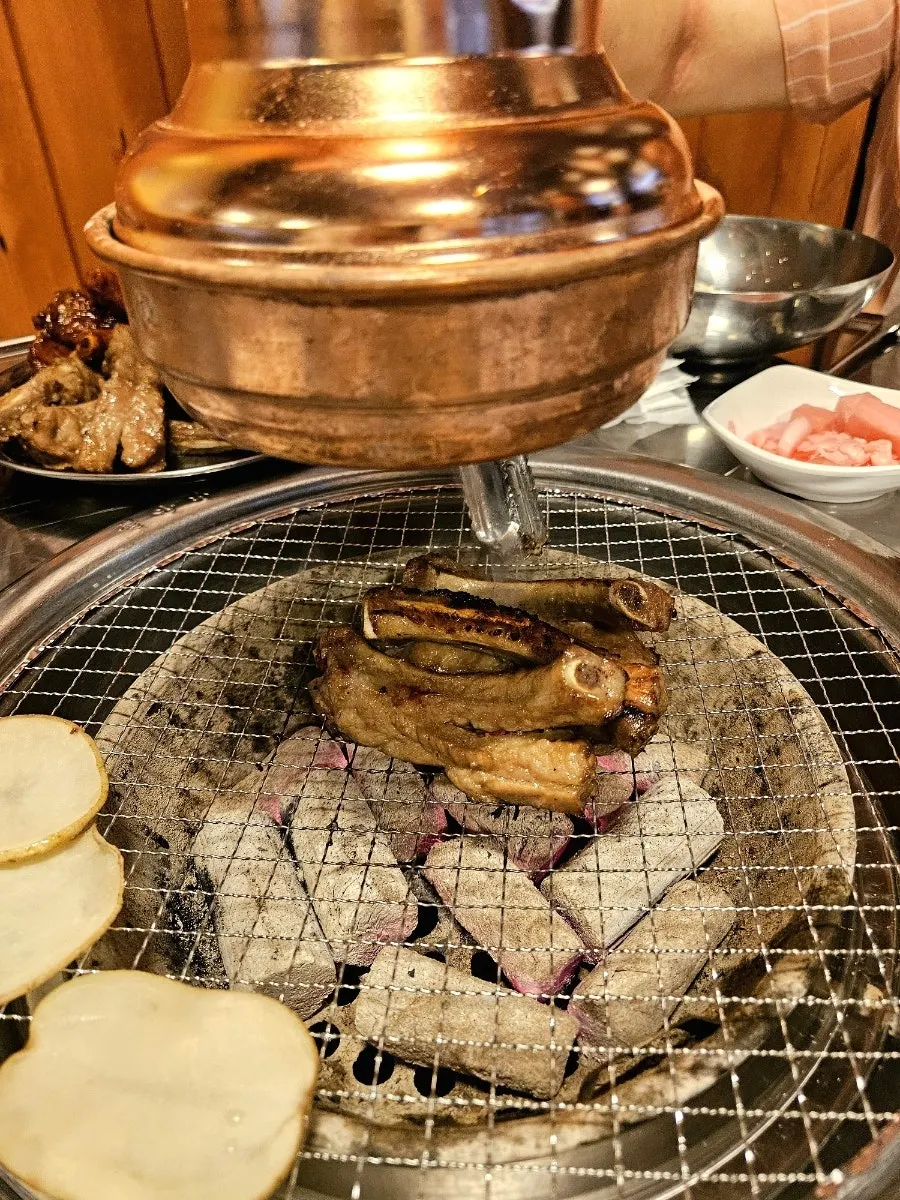 Pre-grilled soy pork ribs on the charcoal grill