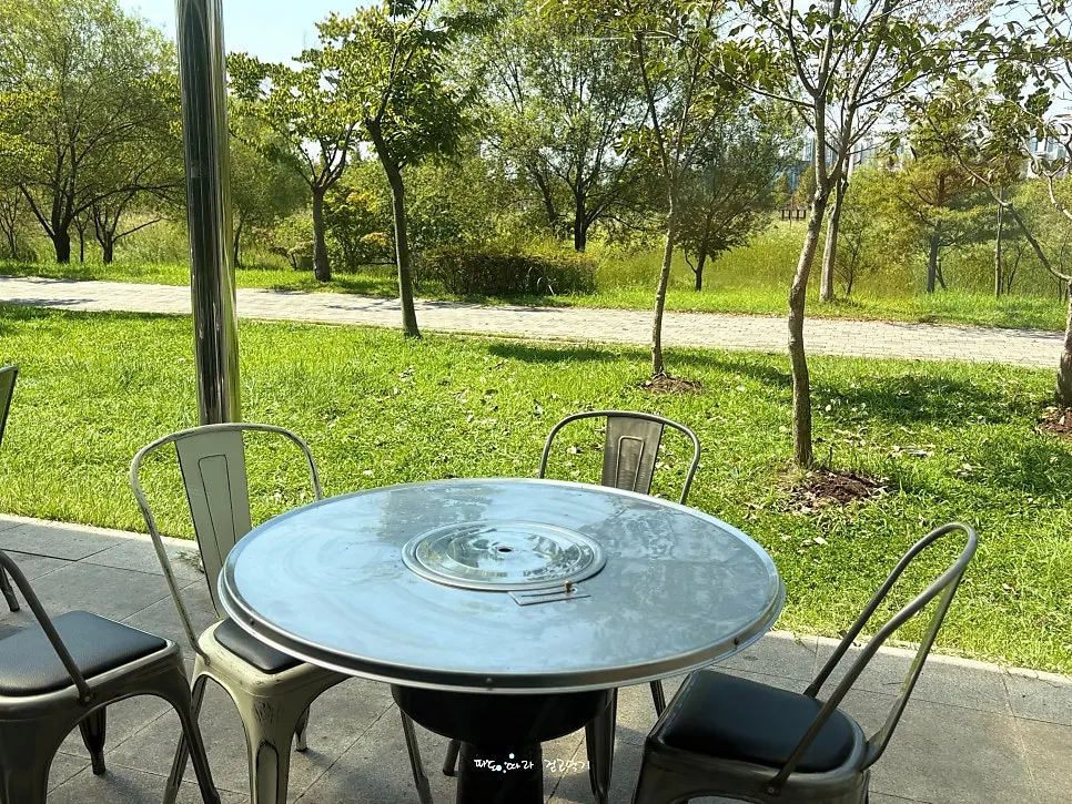Tables set up in an outdoor-style seating layout