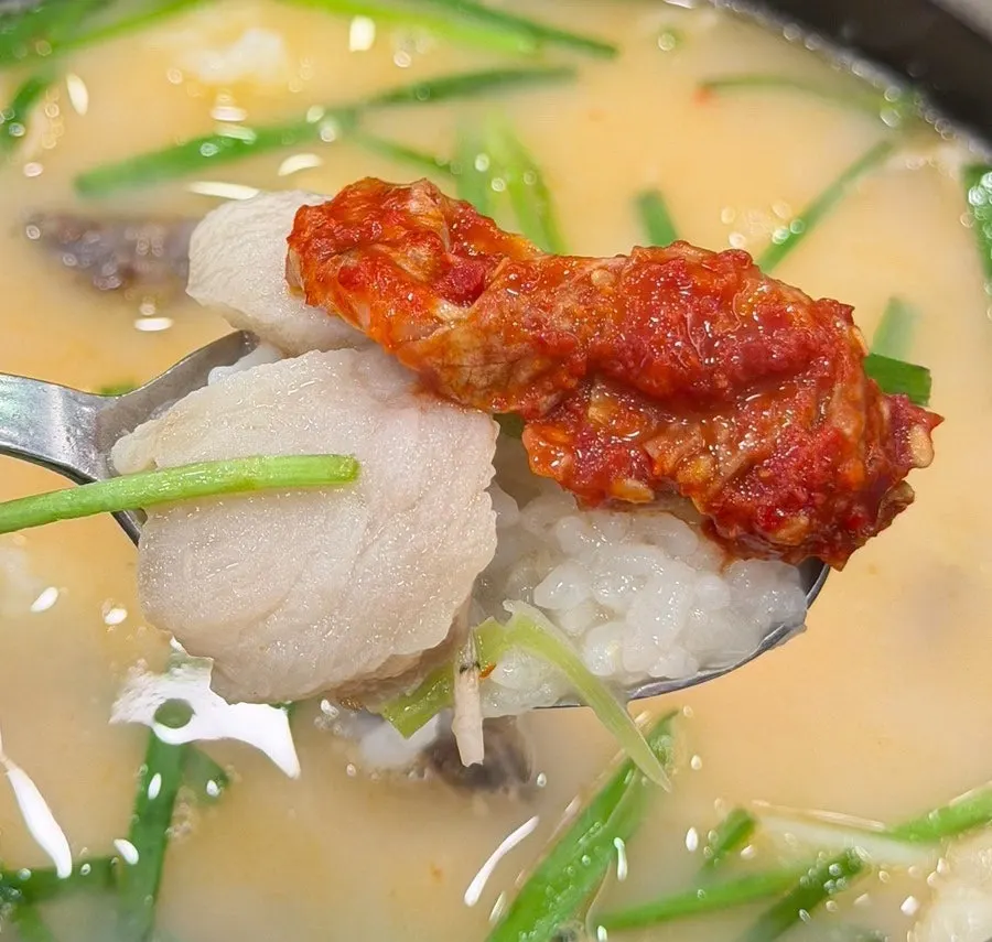 순대와 살코기, 내장을 올린 국밥 한 숟갈