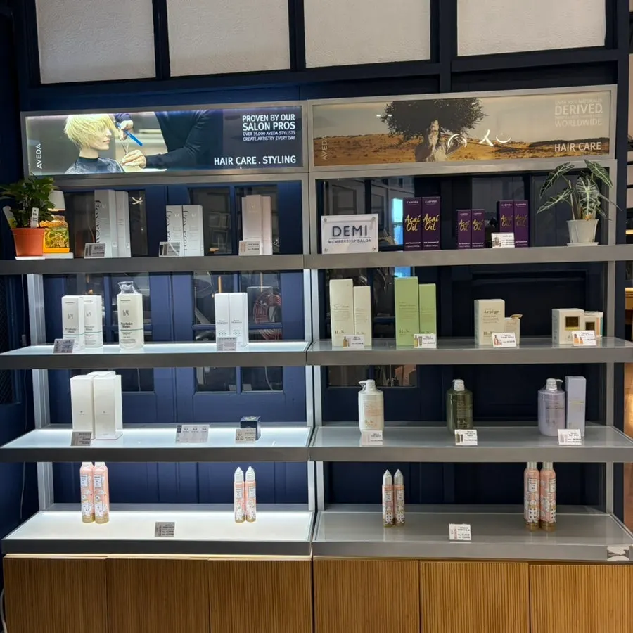 Hair products displayed in the salon