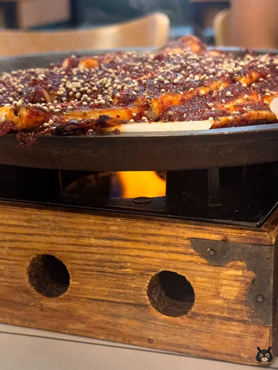 Close-up of seasoned sea eel grilled over briquette charcoal