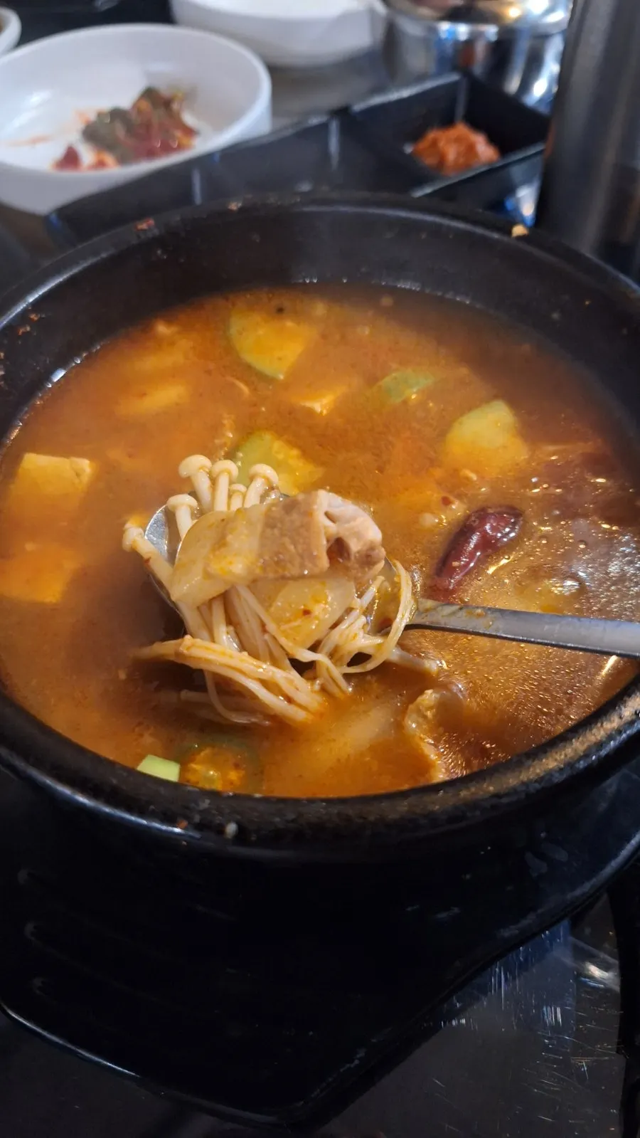 Doenjang-jjigae enjoyed with meat