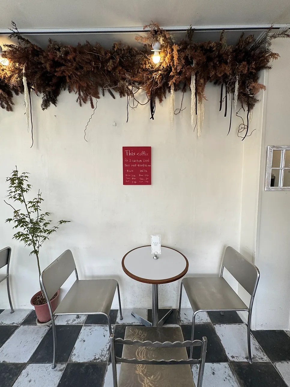 Café seating photographed after the crowd thinned out