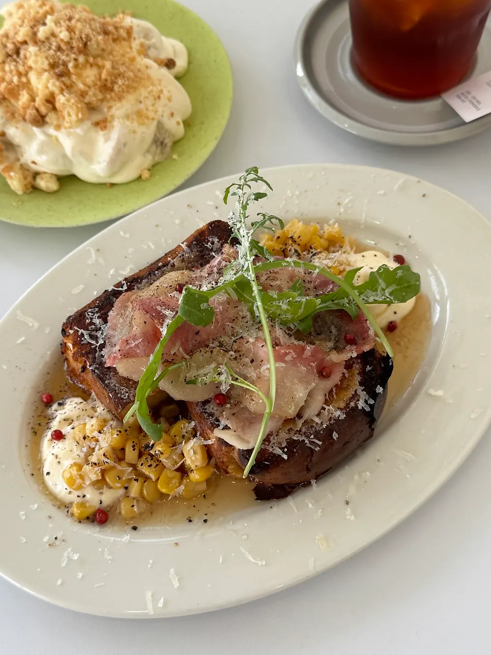 A plate of corn bacon French toast