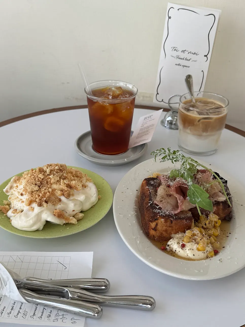 Table with brunch dishes and coffee together