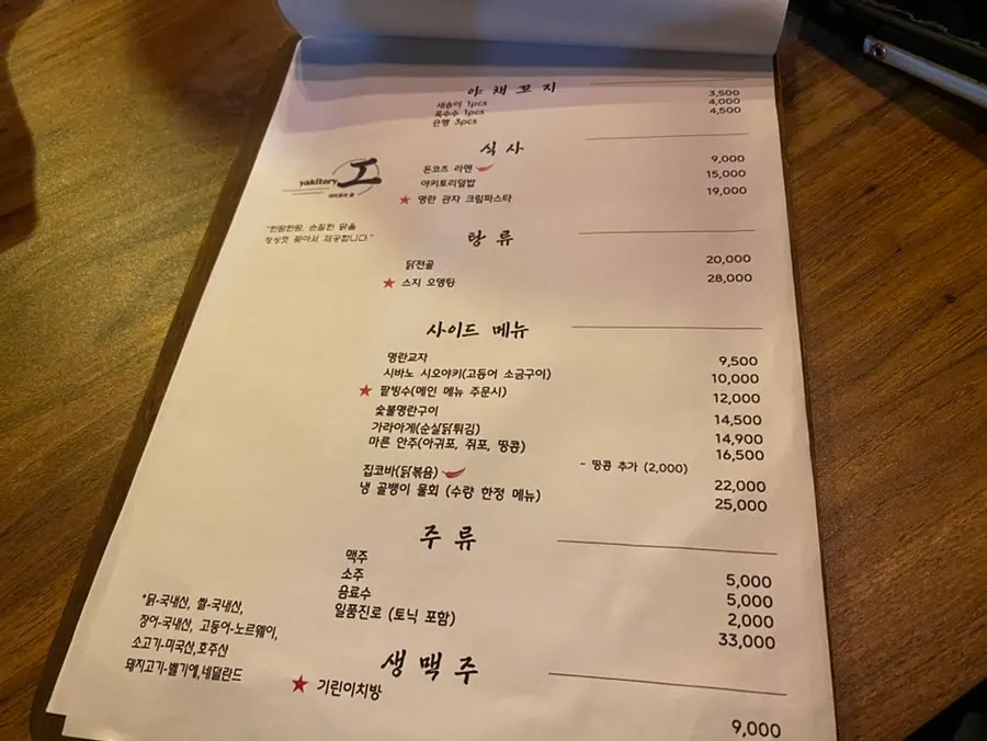 주류와 안주 메뉴판