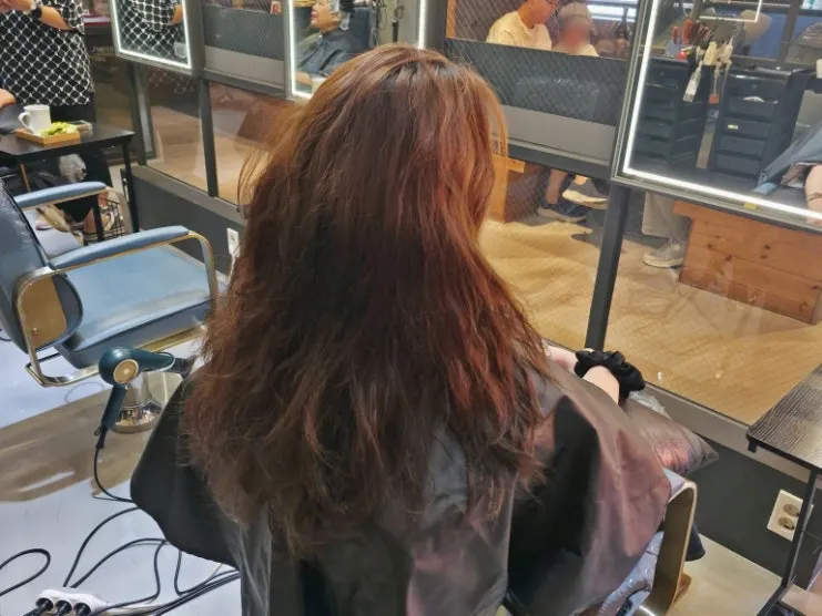 Hair before treatment, frizzy from a hippie perm