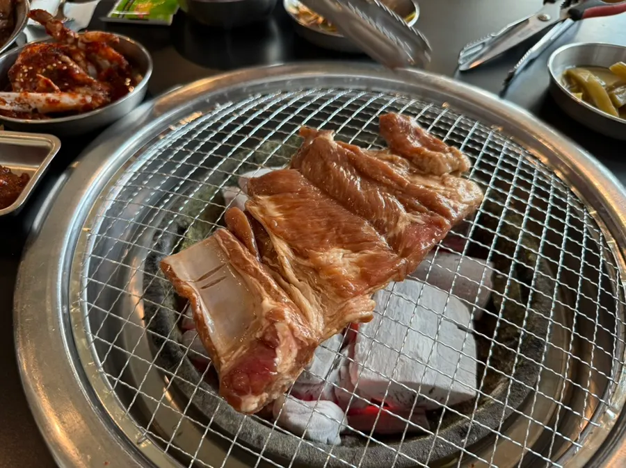 A single piece of seasoned pork rib placed on the grill