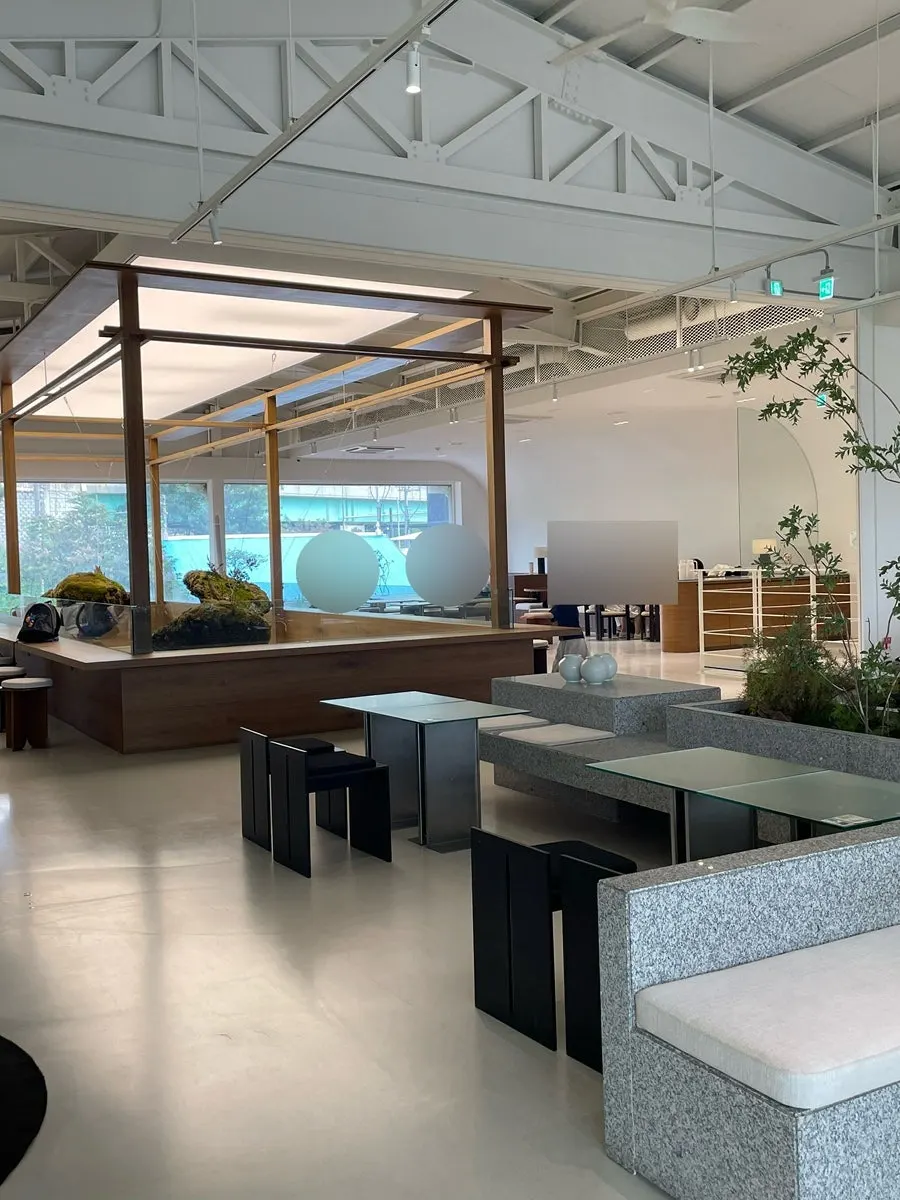 Wood-toned tables on Chat Baker's second floor