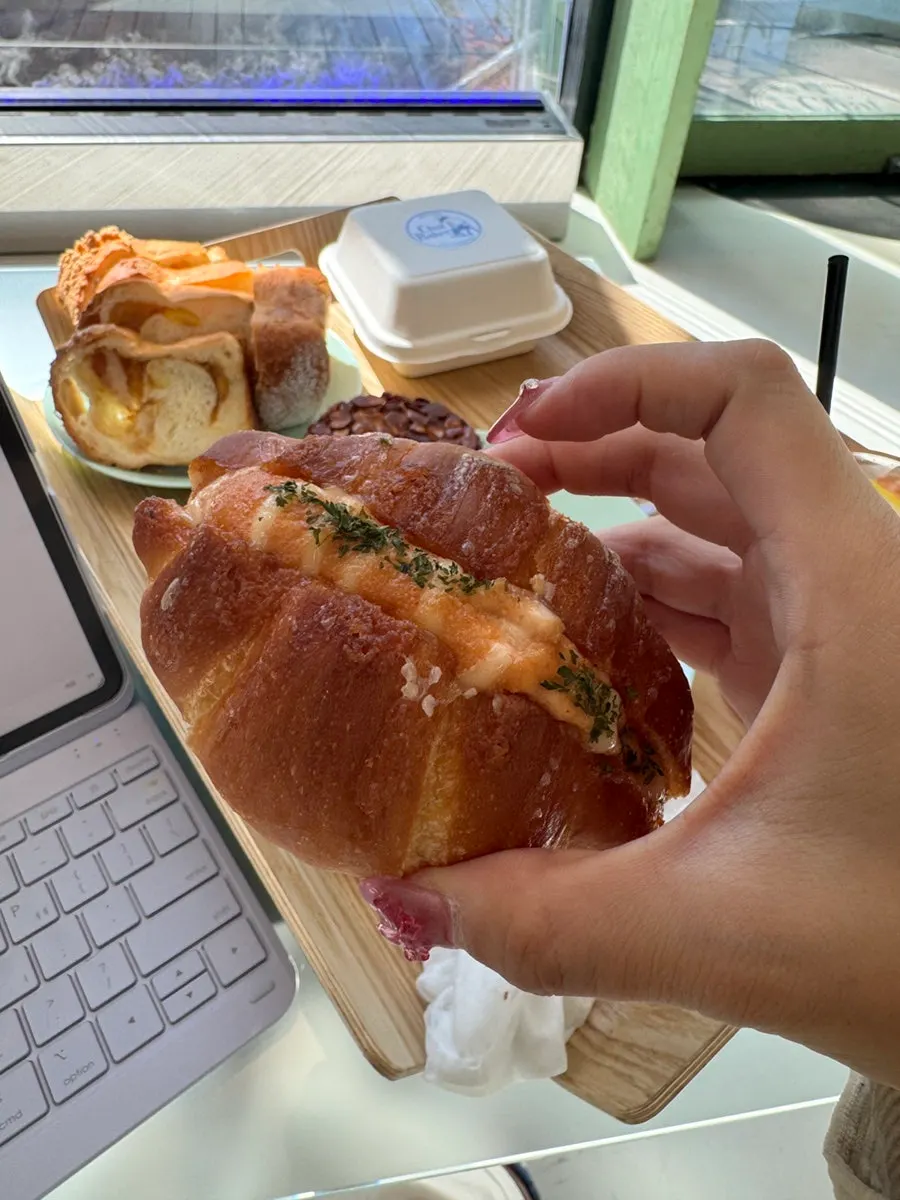 명란소스가 올라간 명란감자소금빵 클로즈업