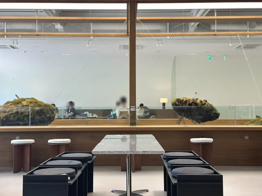 Second-floor tables and chairs by the window wall