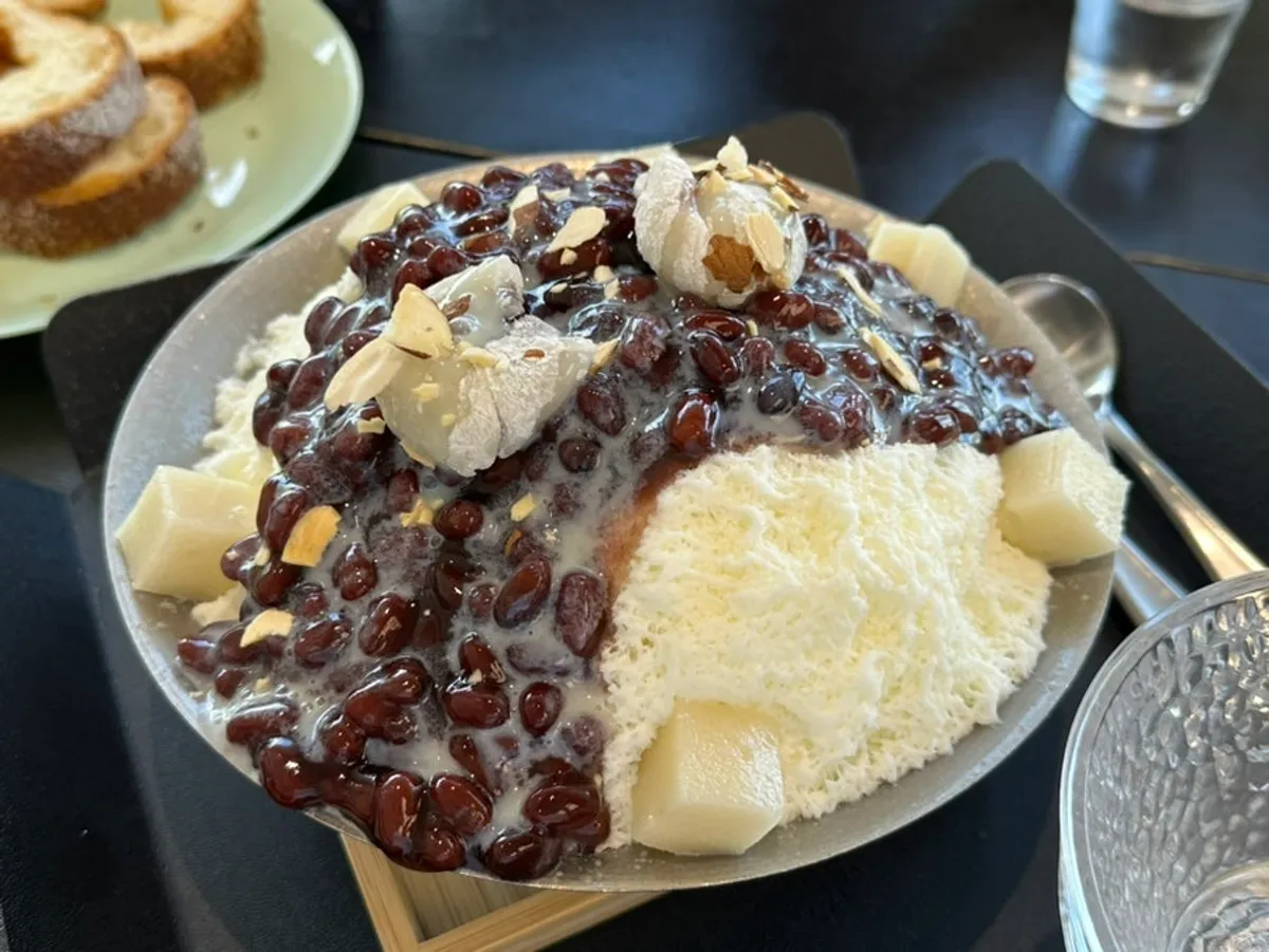 Chat Baker's snow-flake red bean bingsu piled with whole red beans