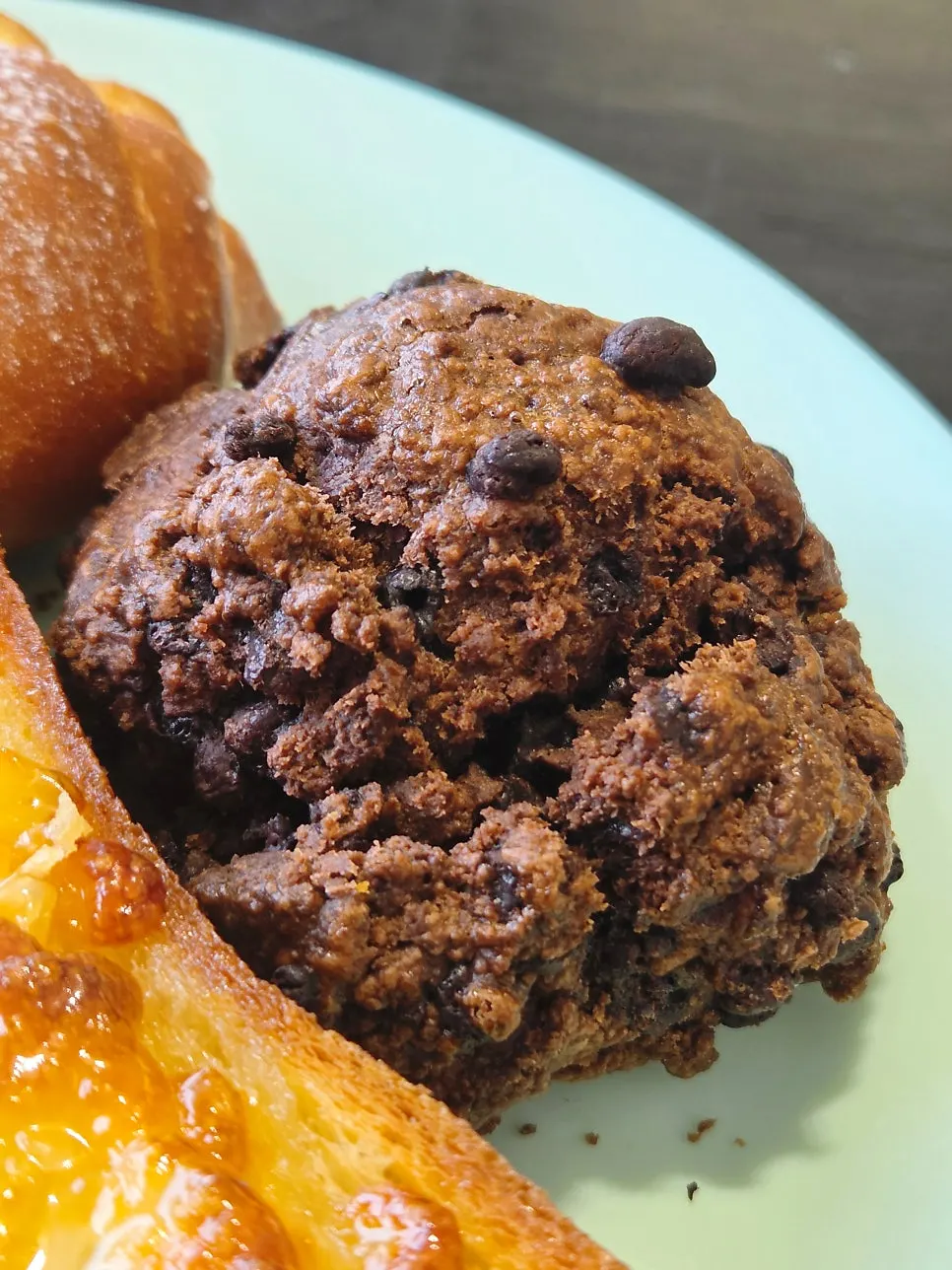 Inside of a chocolate scone with chocolate chips