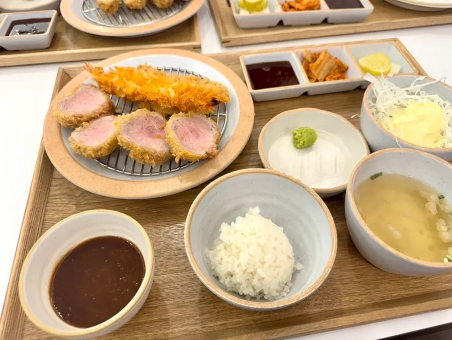 Triple mixed katsu set with loin katsu, hire katsu and fried shrimp