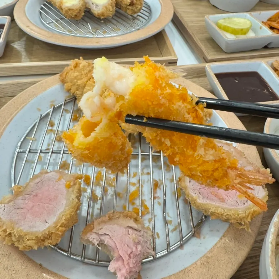 Close-up of the triple mixed katsu plate