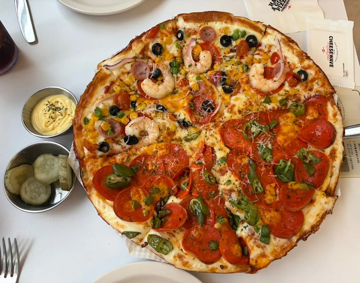 Whole sun-dried shrimp and hot pepperoni half-and-half pizza