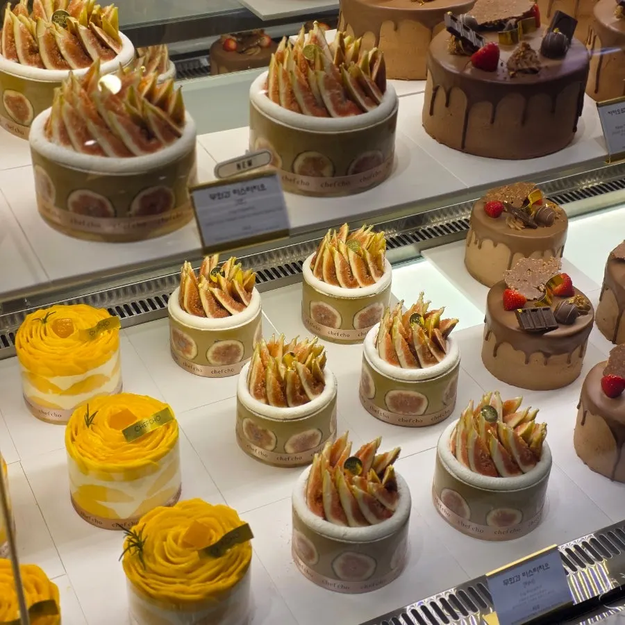 Display case showing the pistachio chocolate cherry cake