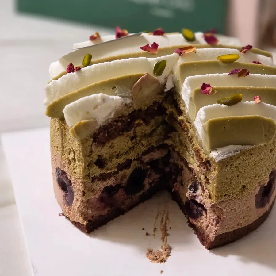 Pistachio forest cake prepared as a birthday gift